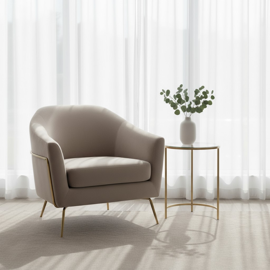 A minimalist, modern lounge setting featuring a light gray armchair, a matching end table, and a vase of greenery set agai...