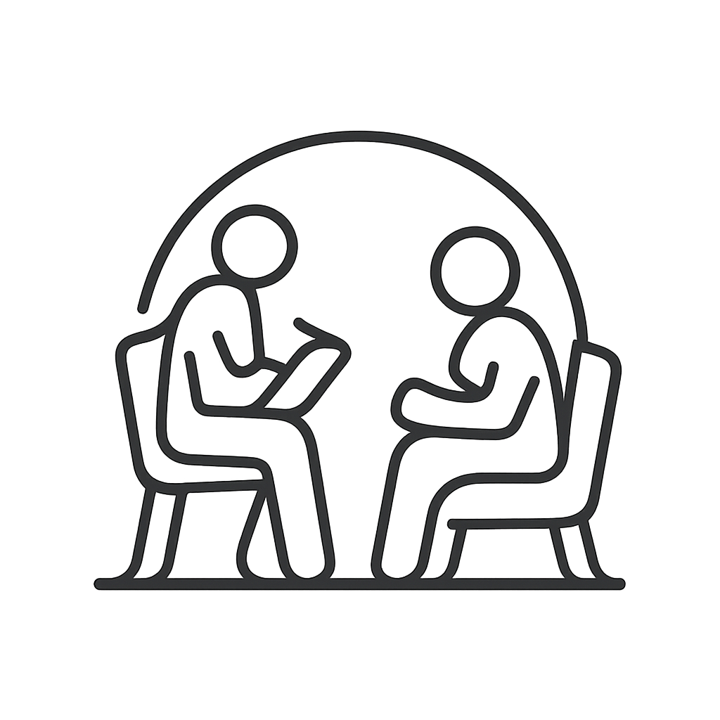 A simple line art image of two people sitting in chairs and talking to each other.